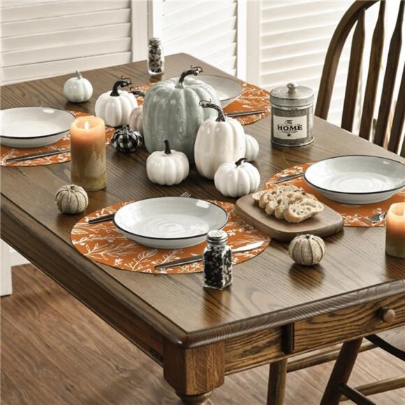 Orange Eucalyptus Leaves Round Fall Placemats Set of 4, 14 Inch Seasonal Autumn - Picture 4 of 7